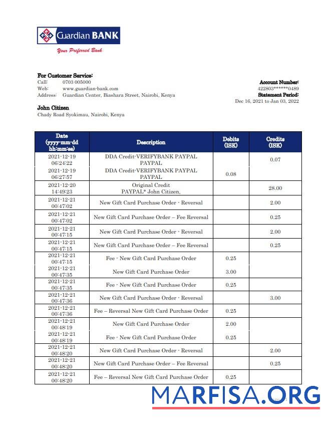 Realistic Kenya Guardian bank statement word sample